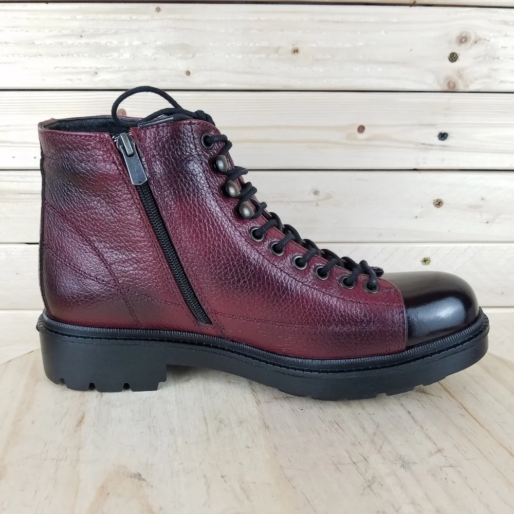 Men's Boots 9 M 100% Genuine Leather Burgundy Biker Paul Branco Side Zip Lace-up